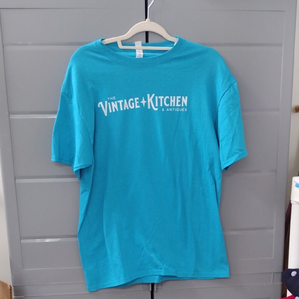 Large Vintage Kitchen Jerzees Teal Graphic T-Shirt